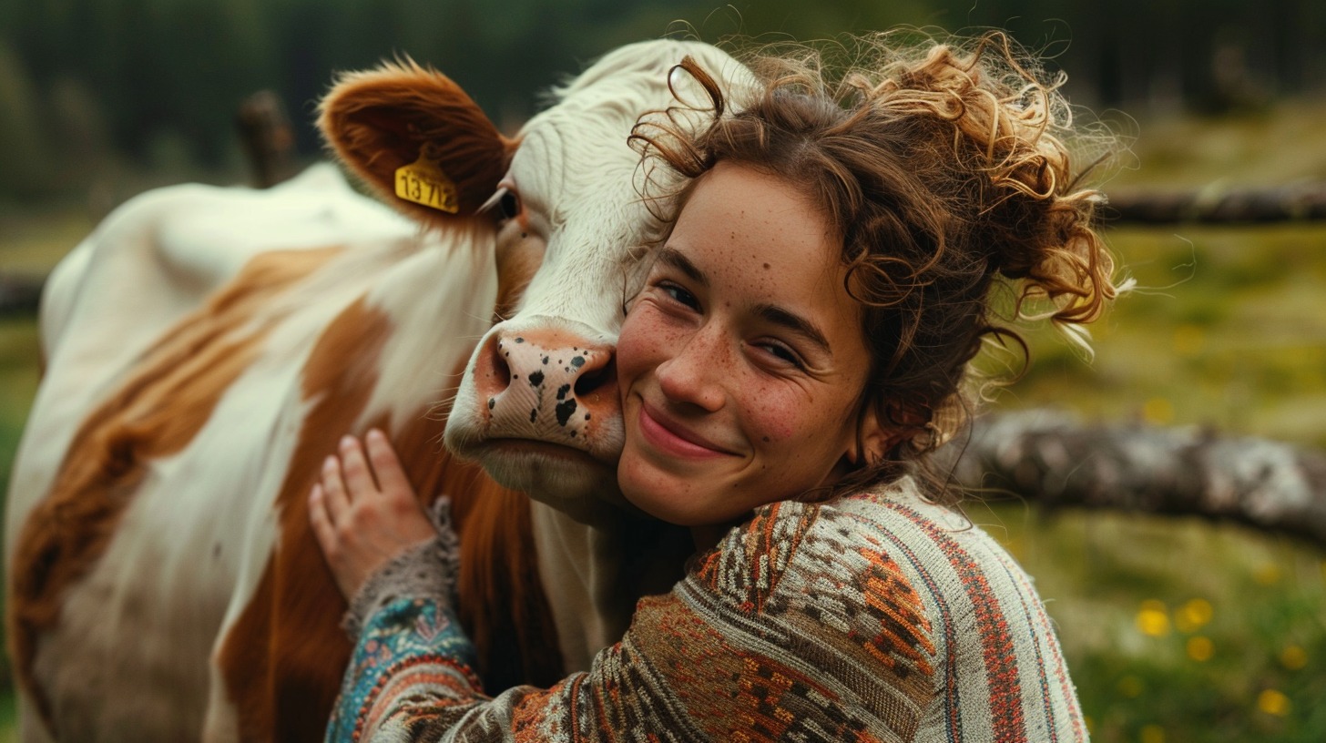 Dreams of Cows - What do those dreams mean in Relationships - girl hugging a cow