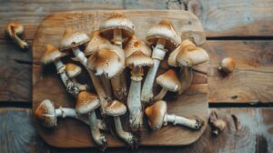 Psilocybin Mushrooms on a wooden cutting board - benefits of Psilocybin on stress, anxiety and depression