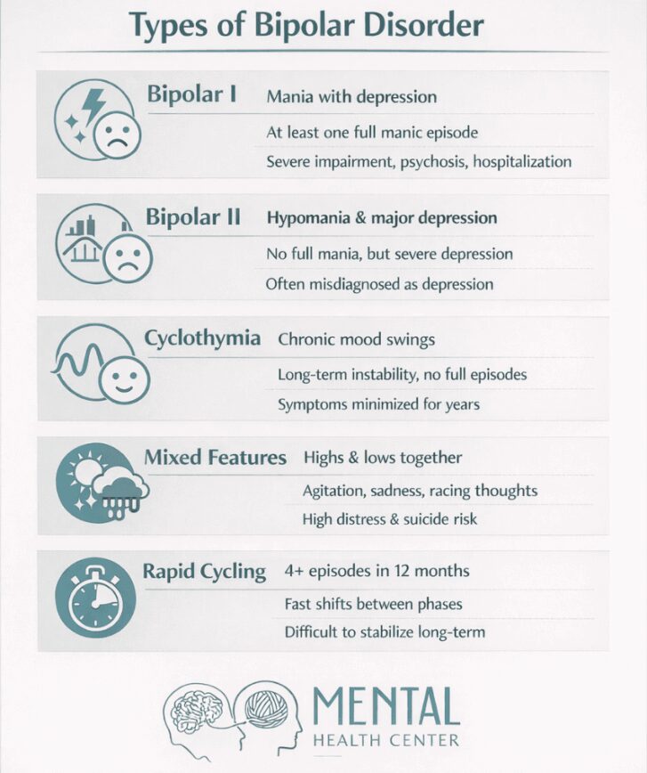 Infographic showing the main types of bipolar disorder including Bipolar I, Bipolar II, Cyclothymia, Mixed Features, and Rapid Cycling