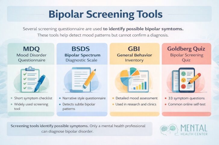 Infographic comparing common bipolar screening tools including MDQ, BSDS, GBI, and the Goldberg Bipolar Screening Quiz
