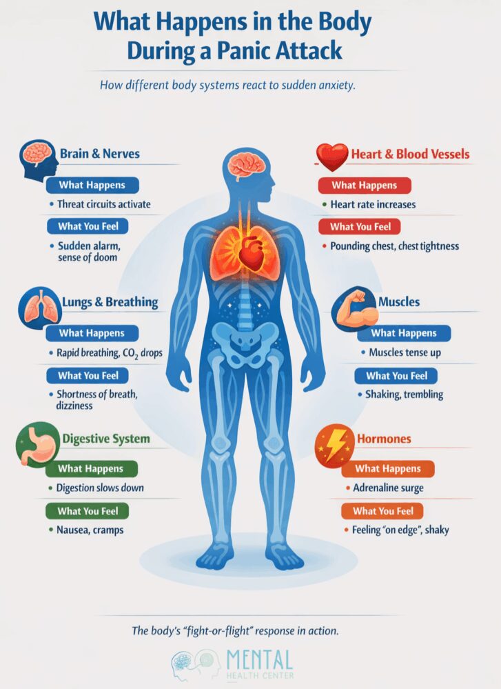 Medical illustration of a human body silhouette showing internal organs activated during a panic attack, including the brain, heart, lungs, muscles, digestive system, and hormone response